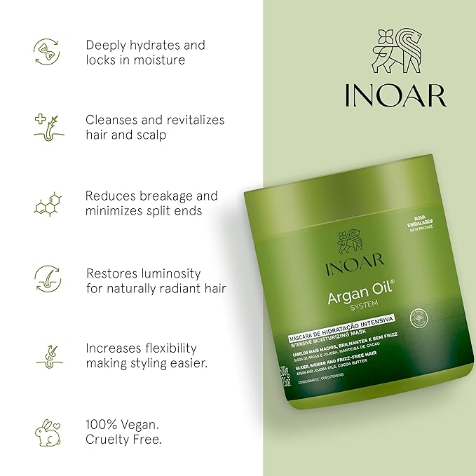 INOAR Argan Oil Hair Mask Hidratante Deep Moisture &amp Repair Treatment 17.64 Fl Oz