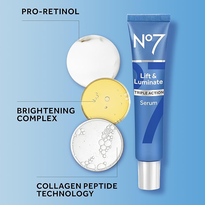 No7 Lift &amp Luminate Triple Action Face Serum - Collagen Peptide Anti-Wrinkle + Brightening Emblica &amp Vitamin C Serum + Pro Retinol Skin Firming Hyaluronic Acid &amp Hibiscus (50ml)