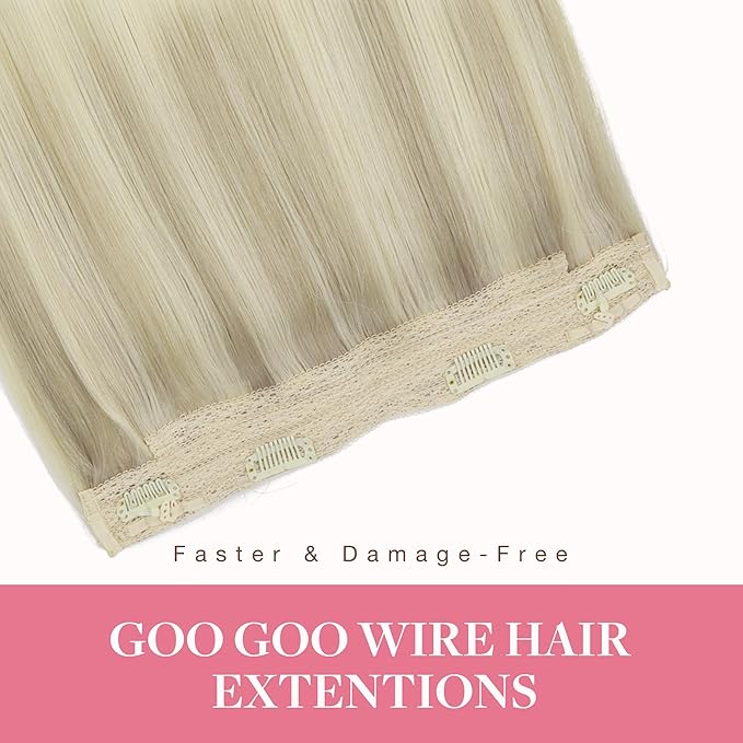 GOO GOO Wire Hair Extensions Human Hair 17/22/60 Ash Blonde with Golden Blonde and Platinum Blonde Balayage 18inch 95g Invisible Wire Hair Extensions with Transparent Seamless Fish Line Hairpiece