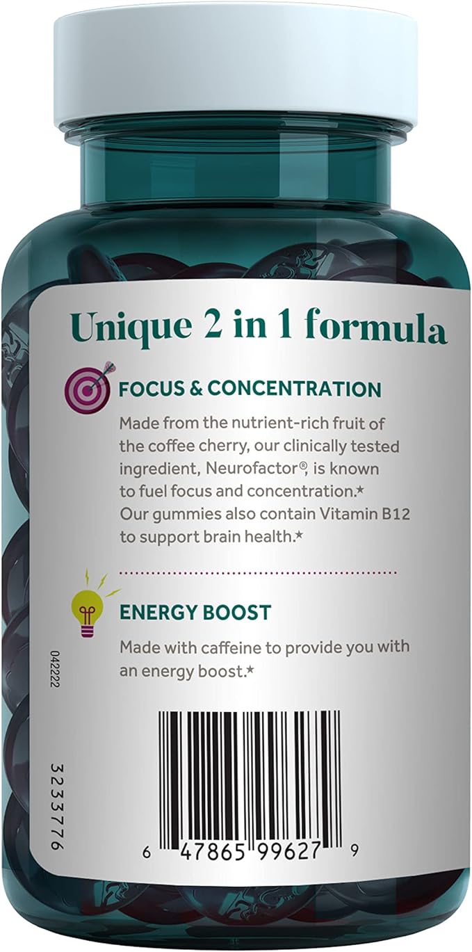 NEURIVA Brain + Energy Gummies Nootropic Brain Supplements for Focus and Concentration with Neurofactor Vitamin B12 &amp Caffeine for an Energy Boost* 75ct Natural BlackBerry