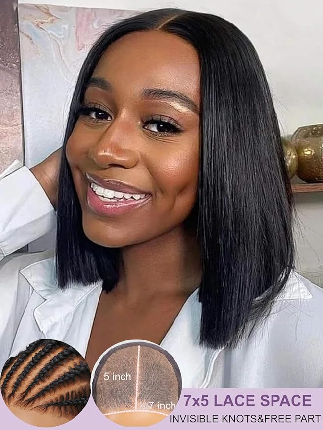 YIROO Bye Bye Knots 7x5 Lace Straight Bob Wig Glueless Human Hair Wig with Elastic DrawstringPre Plucked Pre Cut Short Bob Lace Closure Wig Wear and Go Natural Color 150% Density 12Inch