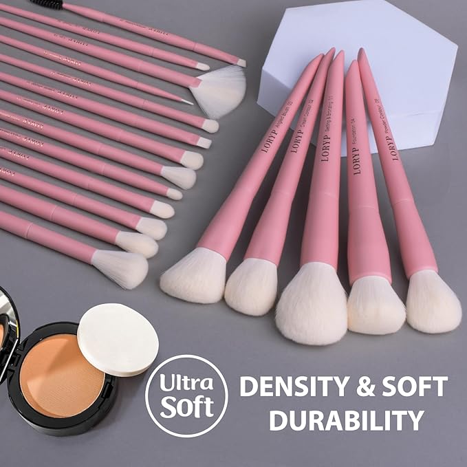 LORYP Makeup Brushes Set Labeled 18 Piece Face and Eye Brush Set Ultra soft hair Foundation Concealer Blush Contour Blending Eyeshadow Pink Brush kit