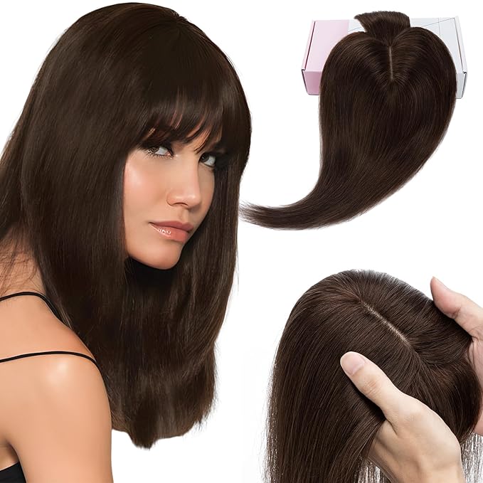 Elailite Hair Toppers for Women Real Human Hair Topper with Bangs Thinning Thin 5.1x2.8 Silk Base Clip in Remy Hairpieces 10 Inch Dark Brown
