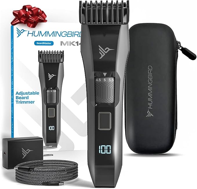 HUMMINGBIRD MK14 BeardMaster ? Premium Beard Trimmer for Men Precision Dial Adjustable 20 Length Settings Stainless Steel T-Blade Cordless USB-C Rechargeable Waterproof LED Display Travel Case