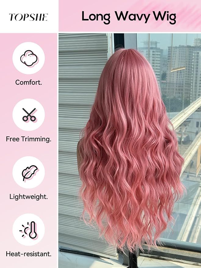 topshe Pink Wavy Wig with Bangs Heat Resistant Synthetic Hair for Women Pre Styled Butterfly Layers &amp Curls for Daily Parties Long Curly Wig 28 Inch (Cotton Candy Pink)