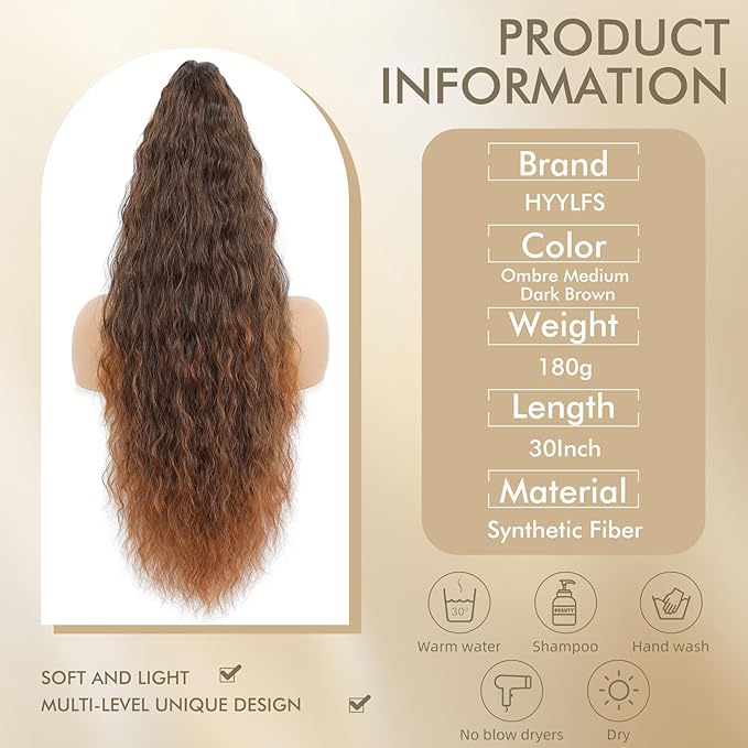 Claw Clip in Ponytail Extension 30 Inch Long Wave Curly Pony Tail Hair Extensions for Women fluffy Natural Looking Synthetic Hairpiece for Daily Use(Ombre Medium Dark Brown 30Inch)