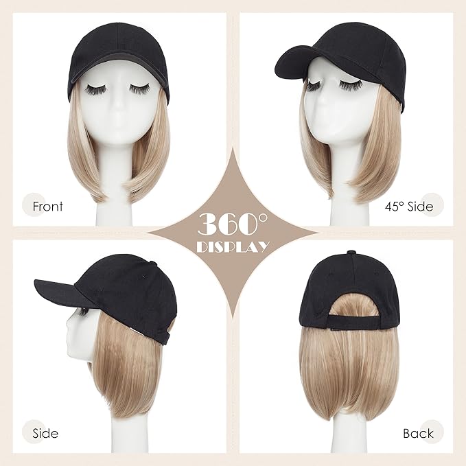 S-noilite Hat Wig for Women Black Baseball Cap Wig with Short BOB Hair Attached Adjustable Hat Wigs Synthetic Hair Extensions Ash Brown Highlighted Blonde
