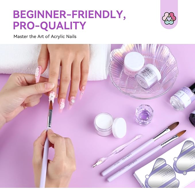 SAVILAND Essentials Acrylic Nail Kit for Beginners: White Pink Clear Acrylic Powder and Liquid Set with Nail Dehydrator Primer Brushes Forms Tips Tools Nails Kit Acrylic Set with Everything Home DIY