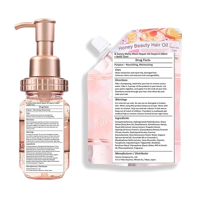 &amp-Honey Melty Moist Repair Hair Oil Step3.0 100ml + Refill 75ml - Hair Oil for Frizzy/Damaged Hair - Honey-Inspired Formula - Deep Conditioning &amp Intense Moisture for Curly/Dry Hair
