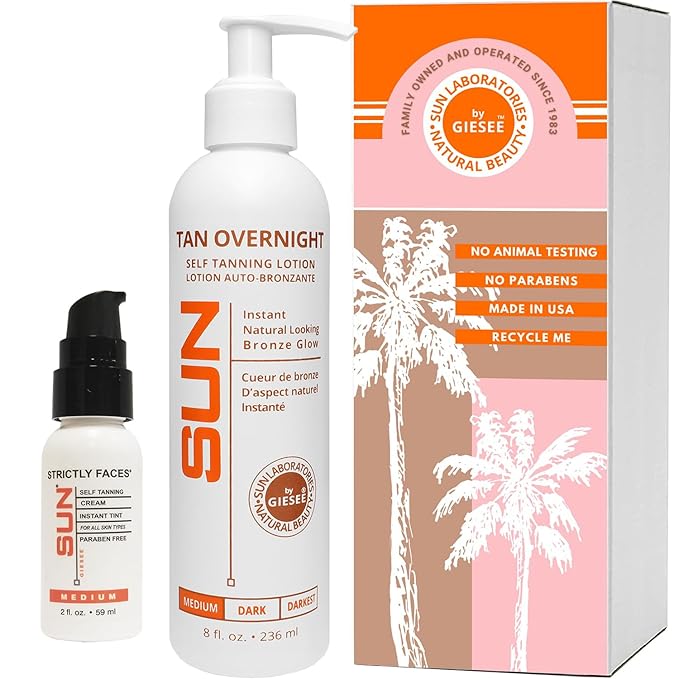Sun Laboratories By Giesee Self Tanning Kit with 8 oz Tan Overnight Self Tanning Lotion and 2 oz Sunless Tanning Face Cream - Odorless Non-Toxic Self Tanner for Fair to Medium Skin