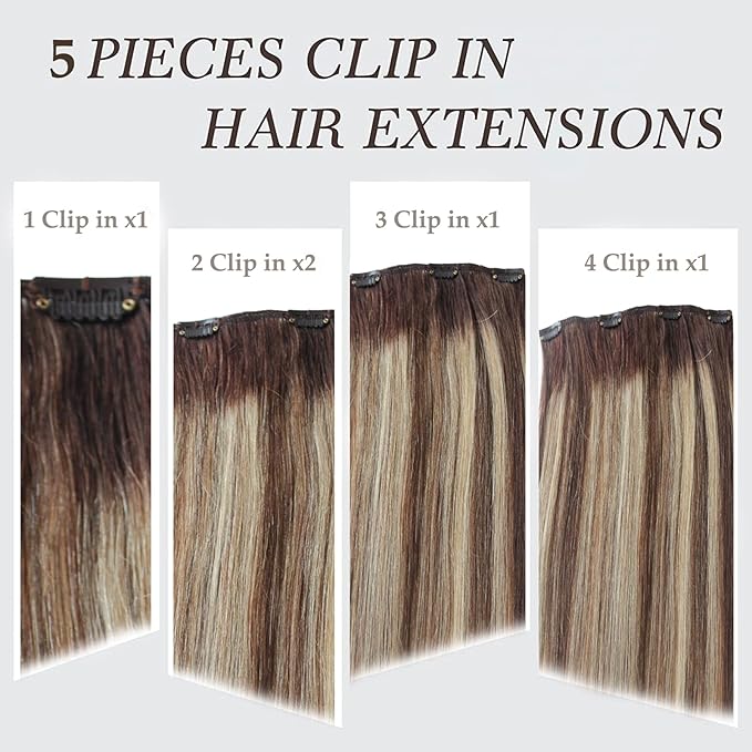 Ombre Hair Extension with Clips for WomenHighlight Brown Hair Extensions Human Hair Chocolate Brown to Strawberry Blonde Straight Remy Human Hair Extensions 5pcs 70g (#4T4P2716Inch)