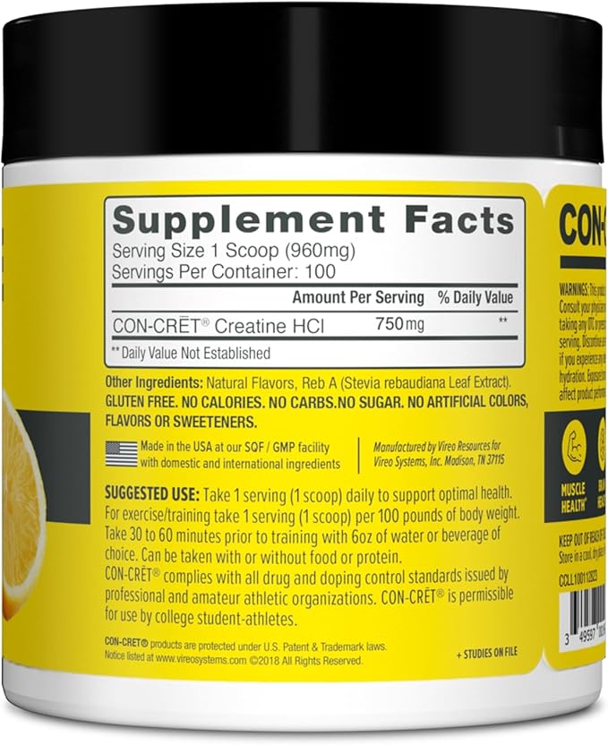 CON-CRET Creatine HCl Powder | Muscle Cognitive Cellular Energy Support | No Bloating or Cramps | USA Made &amp NSF Certified | Lemon Lime (100 Serving)