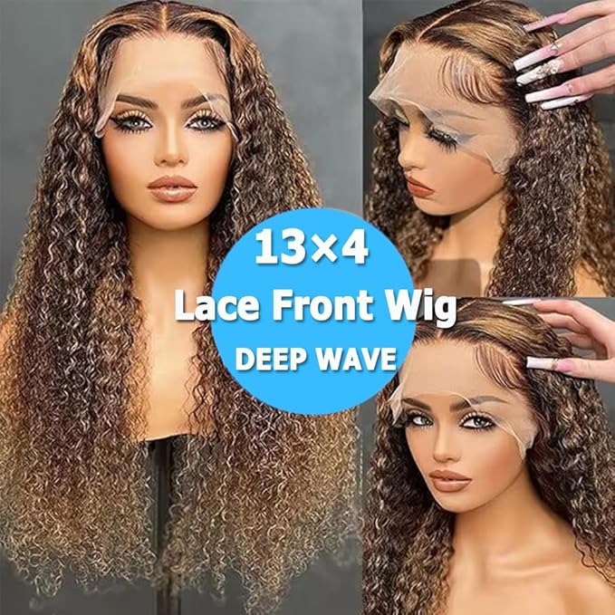 30 inch Highlight Deep Wave Wig Human Hair 13x4 Honey Blonde Wig Human Hair 4/27 Curly Highlighted Human Hair Wig Glueless Pre Plucked Honey Brown Deep Wave Wig 180% Density