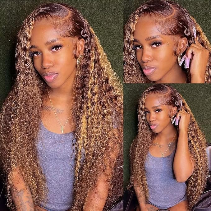Curly Human Hair Wig Highlight P4/30 Lace Frontal Closure Deep Wave Human Hair Wig Pre Plucked Pre Cut Lace Frontal Closure Closure Glueless Wigs Elastic Band 200% Density 18 Inch
