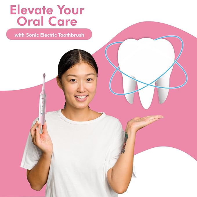 Sonic Electric Toothbrush for Adults with 5 Toothbrush Replacement Heads 3 Brushing Modes &amp 2 Minutes Built-in Timer Travel Toothbrushes with Inductive Charging Rechargeable toothbrush | Pink