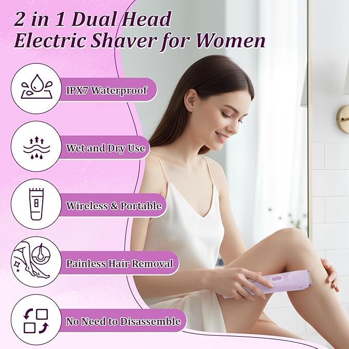 VINGVO Electric Body Hair Trimmer for Women Dual Head Lady Shaver Groomer Waterproof? Body Hair Shaver Rechargeable Facial Hair Removal with Cleaning? Brush (Purple)