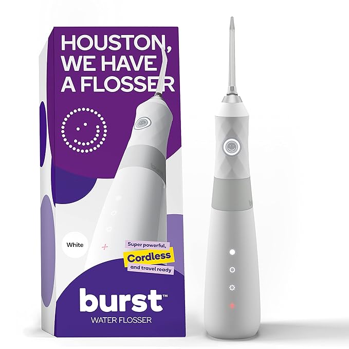 BURST Electric Water Flosser for Teeth Cleaning (3 Modes/White) | Cordless | Plaque Removal Between Braces &amp Dental Work | Portable Floss | Refillable 110mL Tank