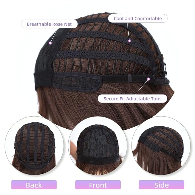 HSPJHTM Brown Bob WigsShort Bob Hair Wigs 12 Straight with Bangs Synthetic Colorful Cosplay Daily Party Wig for Women Natural Brown(Free Wig Cap)