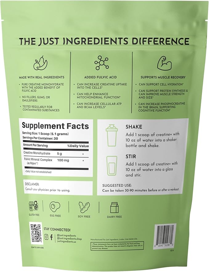 JUST INGREDIENTS Creatine Monohydrate Powder with Rejen Fulvic Mineral Complex - Supports Muscle Recovery Energy Strength Cognitive Function - 30 Servings