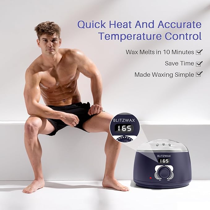 BLITZWAX Brazilian and Bikini Waxing Kit for Men Hard Wax Warmer for Face Legs and Body At Home Hair Removal Kit Beginner Friendly Quick Heating 30 Nose Wax Sticks