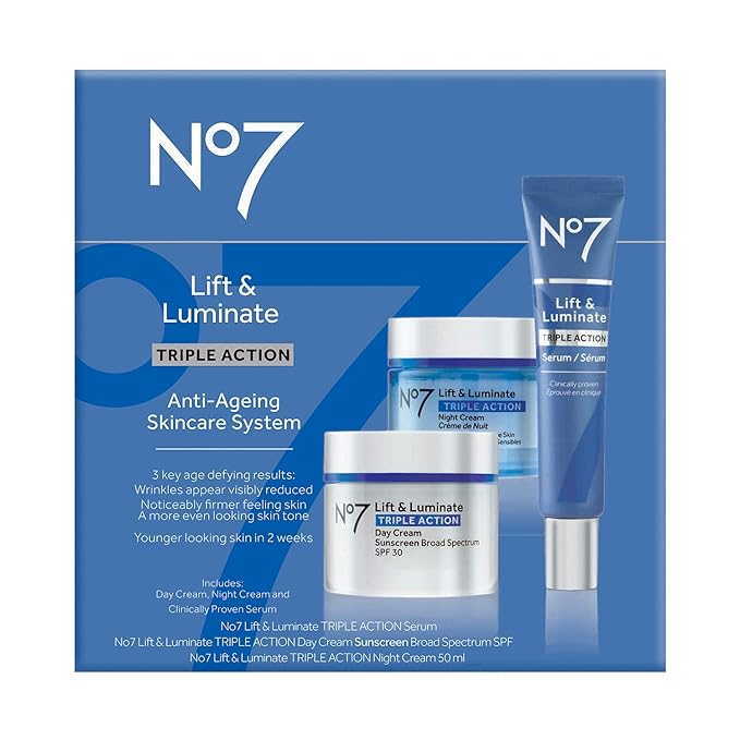 No7 Lift &amp Luminate Triple Action Skincare Set - Broad Spectrum Anti Aging Day Cream SPF 30 + Vitamin C Wrinkle Serum + Collagen Peptide Brightening Night Cream (3 Piece Kit)