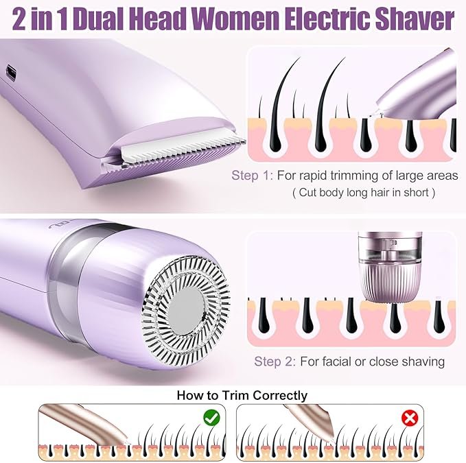 Bikini Trimmer for Women 2 in 1 Dual Head Womens Electric Shaver Electric Razors for Pubic Hair IPX7 Waterproof Rechargeable Facial Hair Removal for Shaving Underarm Leg Arm Body Face Purple