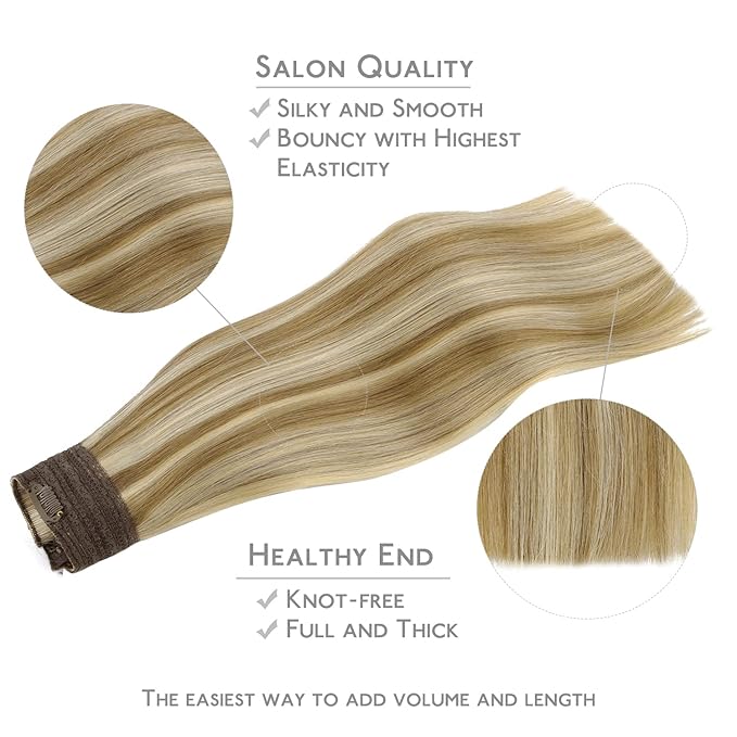 WENNALIFE Wire Hair Extensions (Increase 50% Lifespan) Real Human Hair 12 inch 70g Ash Brown with Platinum Blonde Highlights Remy Hair Invisible Transparent Wire Fish Line Straight Reusable Natural