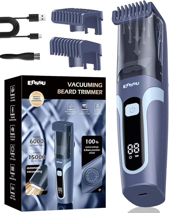Beard Trimmer for Men Auto-Vaccum Rechargeable Electric Men Beard Trimmers with 2 Combs 1-20mm Adjustable Length Dial Waterproof Cordless Mustache Trimmer for Face Stubble