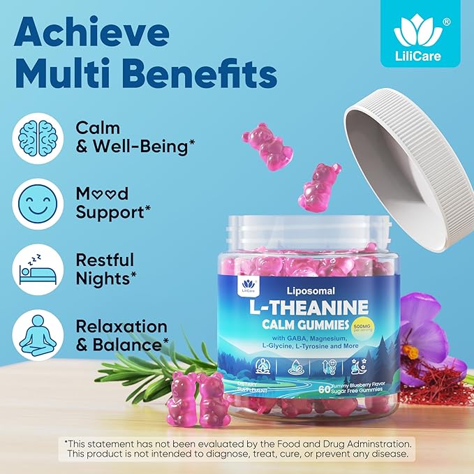 L Theanine Calm Gummies 500mg Sugar-Free Liposomal L-Theanine Supplement w/Safforn Magnesium Glycinate GABA Ashwagandha Algae Omega-3 Vitamin D3 B12 for Brain Calm Relax Mood Zzz 120Cts