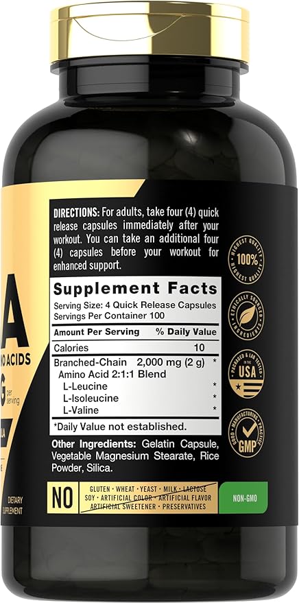 Carlyle BCAA Capsules | 2000mg | 400 Powder Pills | Amino Acids Supplement Blend | for Women and Men | with L-Isoleucine L-Leucine L-Valine | Non-GMO and Gluten Free