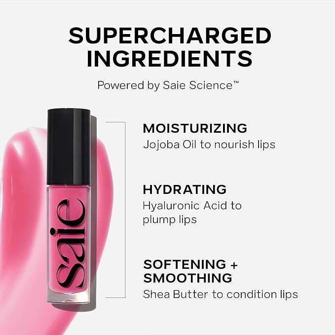 Saie Glossybounce - Hydrating Lip Gloss and Tinted Lip Oil Hybrid with Hyaluronic Acid &amp Jojoba Oil for Non-Sticky Ultra-Shiny Plump &amp Soft Lips - Everyday Makeup Essential - Remix (.17 oz)