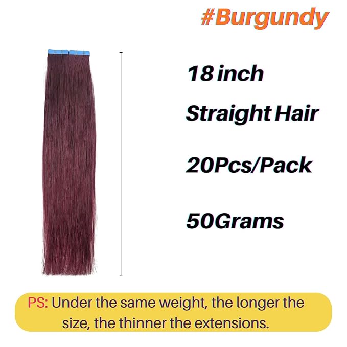 Burgundy Tape in Hair Extensions Human Hair Invisible Remy Hair 18 Inch Tape in Human Hair Extensions 50G 20Pcs for Christmas