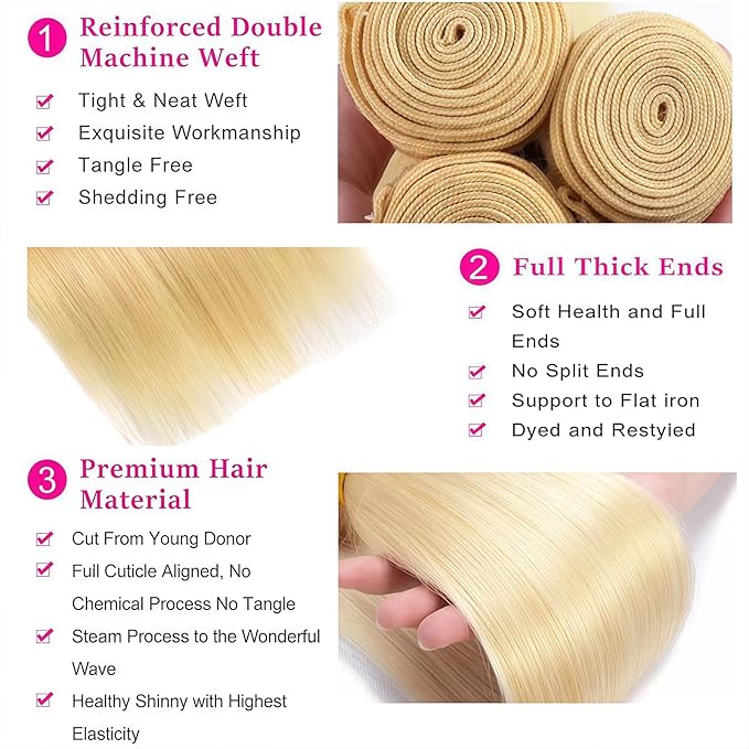 Blonde Straight Human Hair Bundles 18 20 22 Inch Brazilian Remy Virgin 10A Straight 3 Bundles Human Hair Hair Extensions Bundles 613 Color
