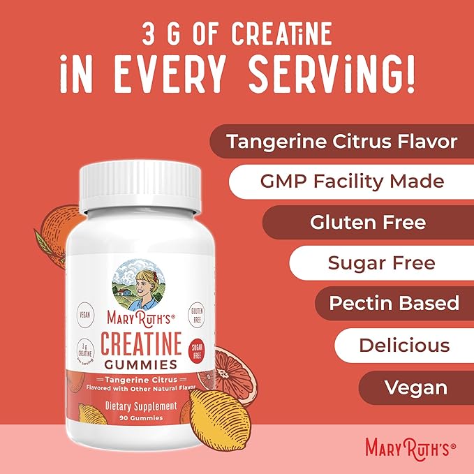 MaryRuth's Creatine Gummies | Creatine Monohydrate Gummies | 1 g Creatine Per Gummy | Creatine for Women &amp Men | Tangerine Citrus Flavor | Exercise | Workout | Sugar Free | Vegan | 90 Count