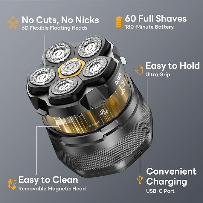 Head Shavers for Bald Men 6D Magnetic Floating Blades Smooth Shave in 3 Minutes USB-C Rechargeable 180min Runtime Wet &amp Dry Easy Clean Anti-Slip Design(A6-Plus)
