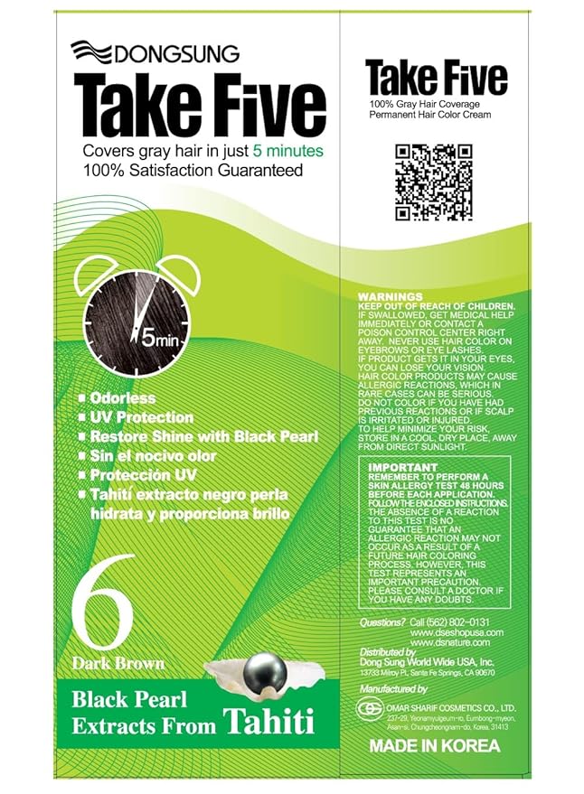 Dongsung Take 5 Hair Dye No.6 Dark Brown Covers Gray Hair in Just 5 Minutes Without Any Foul Odor! Designed to Improve Damaged Hair (Pack of 12)