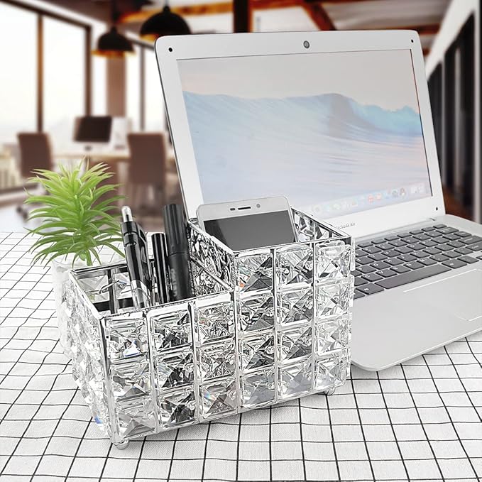 LUEXBOX Crystal Makeup Brush Holder One-Piece Square Brush Organizer Cosmetics Brush Storage Container for Table Dresser Bathroom Bedroom Organization (Silver)