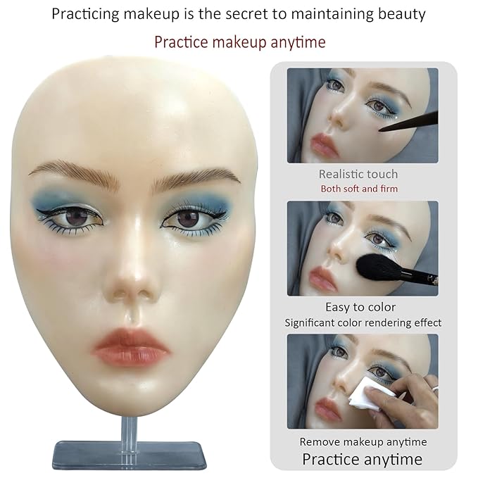 5D makeup Practice Face Board Silicone Makeup Mannequin Face Reusable Beginner Practice Eye Makeup Face Eye Fake Silicone Makeup Artist Full Face Practice Eyelash Eye Shadow Eyeliner Pen Simulatio