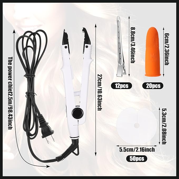 Hair Extensions Iron Fusion Keratin Hair Extensions Heat Tool Heat Connector Wand with Fusion Glue Protector Template Hair Clip Finger Protector 2 Bag Keratin Glue Granule Bead(White)