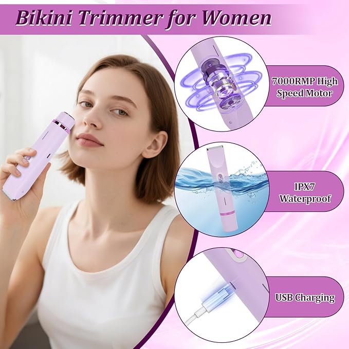 VINGVO Electric Body Hair Trimmer for Women Dual Head Lady Shaver Groomer Waterproof? Body Hair Shaver Rechargeable Facial Hair Removal with Cleaning? Brush (Purple)