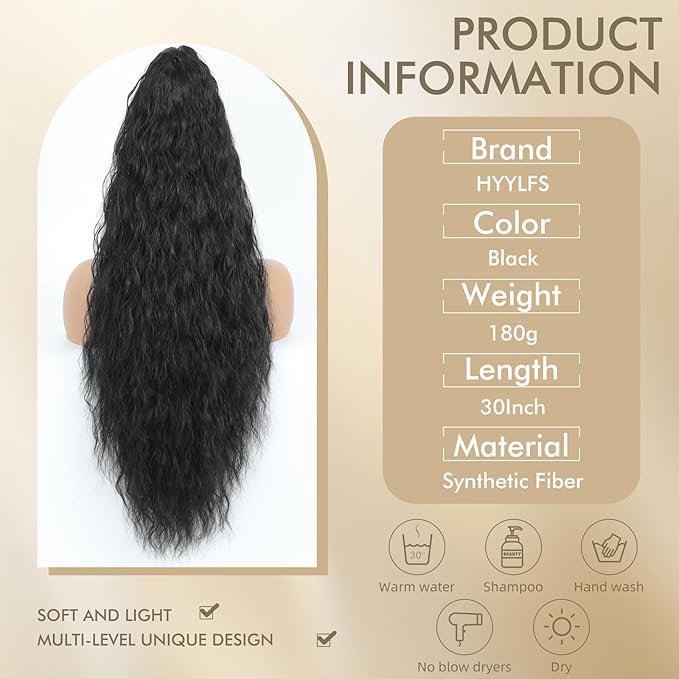 Claw Clip in Ponytail Extension 30 Inch Long Wave Curly Pony Tail Hair Extensions for Women fluffy Natural Looking Synthetic Hairpiece for Daily Use(Black 30Inch)