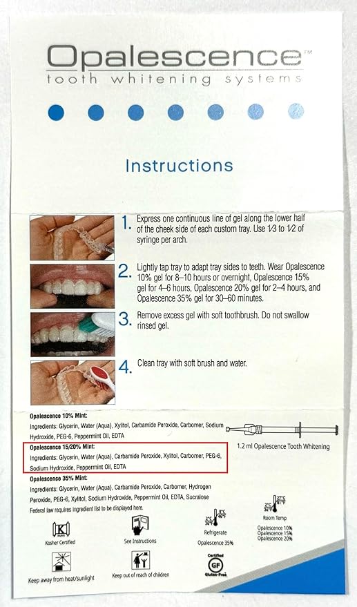 Opalescence 20% Teeth Whitening Refill Kit (4 Syringes) Carbamide Peroxide. Made by Ultradent in Mint Flavor. Tooth Whitening Refill Syringes - B-5196-4