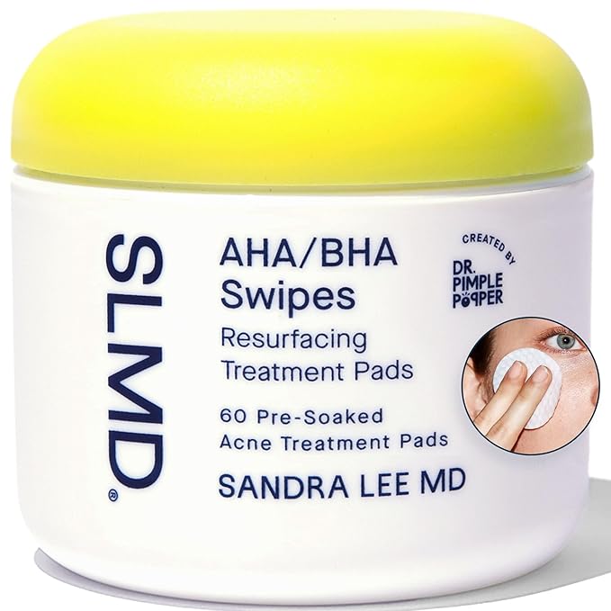 SLMD by Dr. Pimple Popper - AHA BHA Toner Pads Swipes Salicylic Acid Glycolic Acid &amp Lactic Acid - Daily Resurfacing Pads for Face &amp Body - Facial Exfoliating Resurface Treat and Prevent A