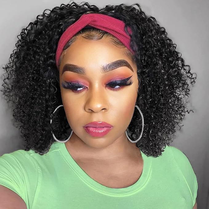 Aisaide Kinky Curly Headband Wig 14 Inch Headband Wigs for Black Women None Lace Front Curly Wave Half Hair Wig Wear and Go Glueless Wig