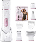 5-in-1 Bikini Trimmer for Women: IPX7 Waterproof Electric Razor Shaver for Face Pubic Area Leg Arm Underarm Nose Cordless Rechargeable Body Hair Removal Battery Display Ceramic Blade