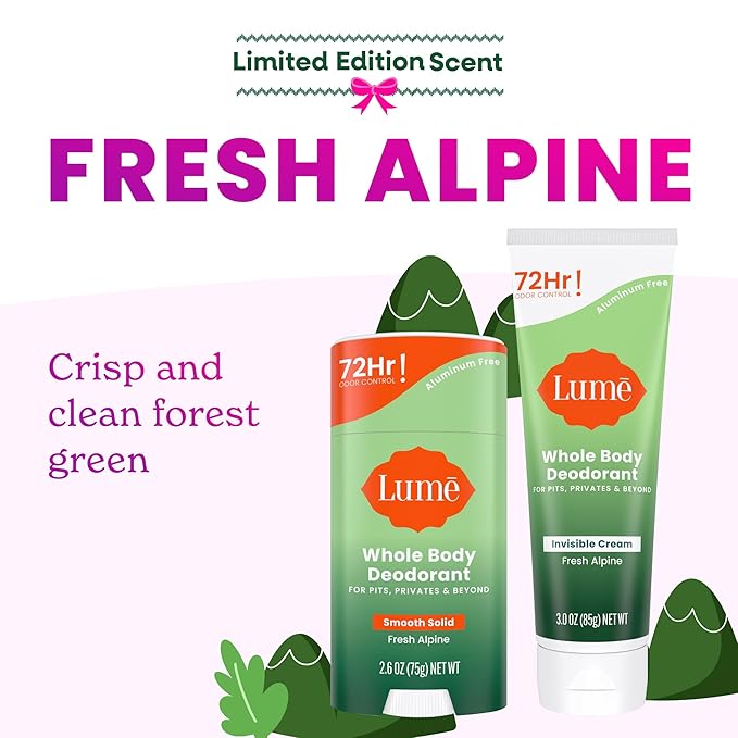 Lume Whole Body Deodorant - Invisible Cream Tube and Solid Stick - 72 Hour Odor Control - Aluminum Free Baking Soda Free Skin Loving - 3.0 Ounce Tube and 2.6 Ounce Solid Stick Bundle (Fresh Alpine)