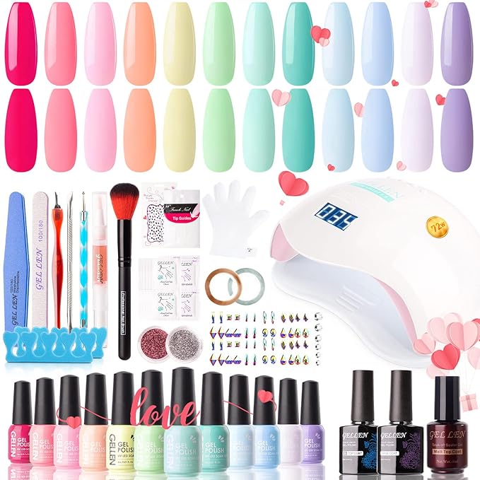 Gellen Gel Nail Polish Kit with U V LED Light 72W Nail Dryer 12 Gel Nail Polish Colors No Wipe Top Base Coat Nail Art Decorations Manicure Tools All-In-One Manicure Kit Colorful Rainbow