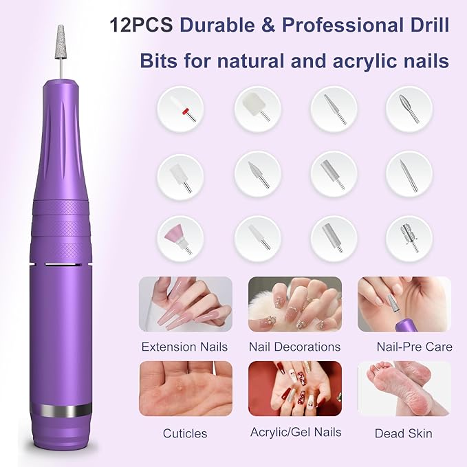 Professional Nail Drill Cordless 45000 RPM Meremit Electric Nail File with Diamond Decoration 12Pcs Drill Bits Large LCD Screen Rechargeable Electric Nail Machine Drill for Acrylic Gel Nail Polish
