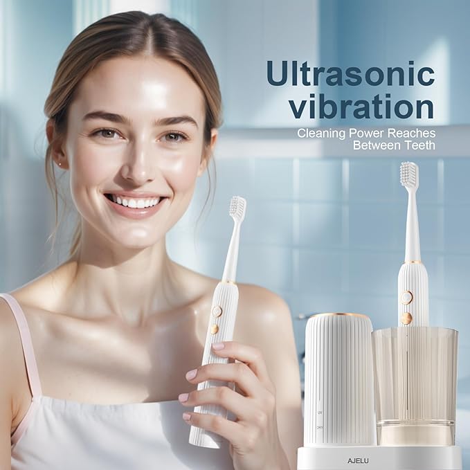 Electric Toothbrush Set with Drying &amp Sanitizing Holder 8 Replacement Brush Heads Transparent Rinse Cup Smart Timer USB Rechargeable for Adults