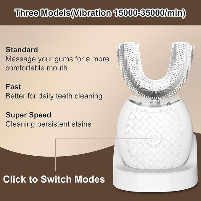 Electric Toothbrush for Adults U Shaped Automatic Toothbrush for 360-degree Cleaning 3 Modes for Whitening Wireless Charging Kit for Travel or Home(White)